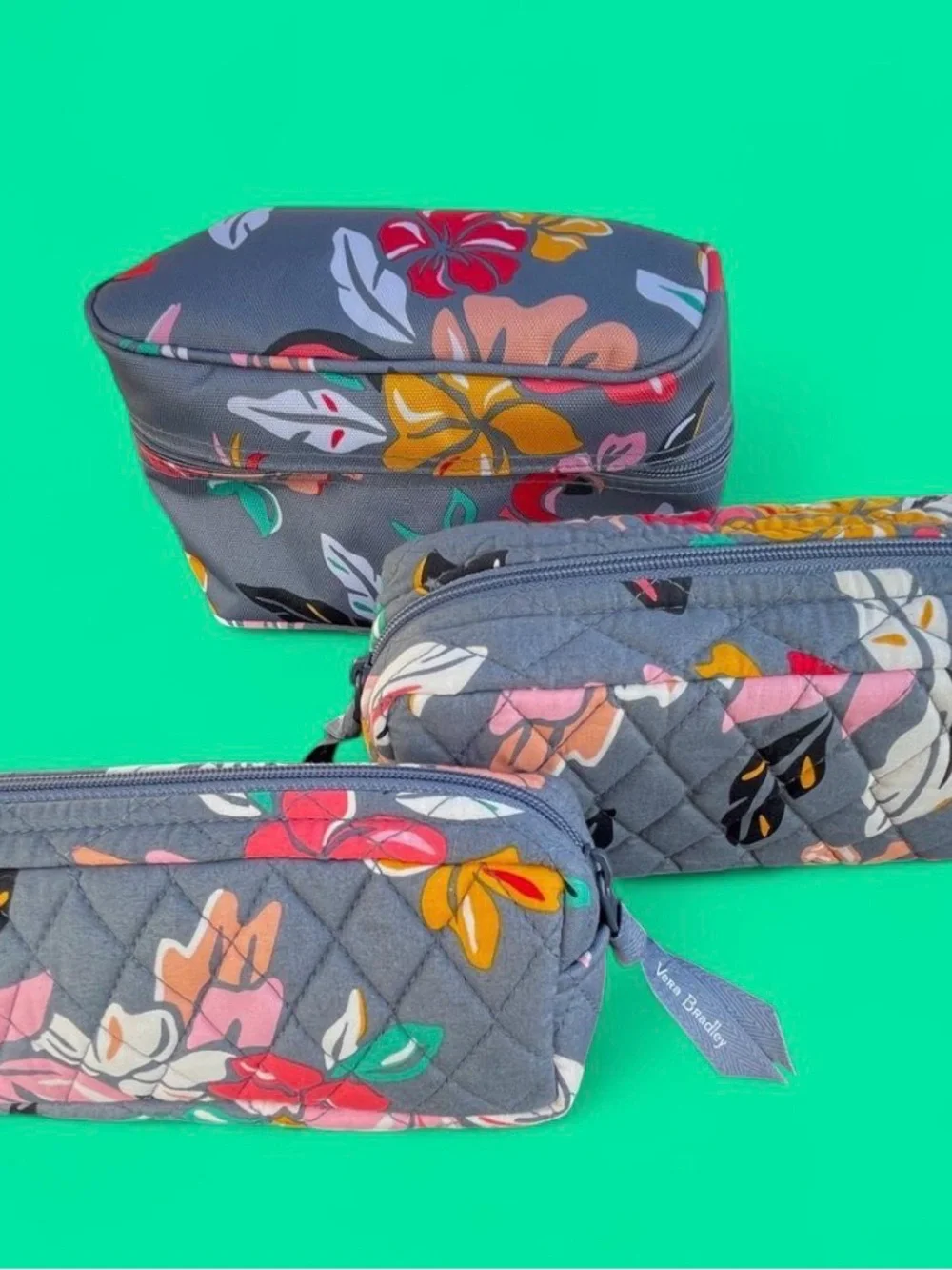 Vera Bradley Tropical Paradise set 4 Cosmetic bags with flamingo floral decor